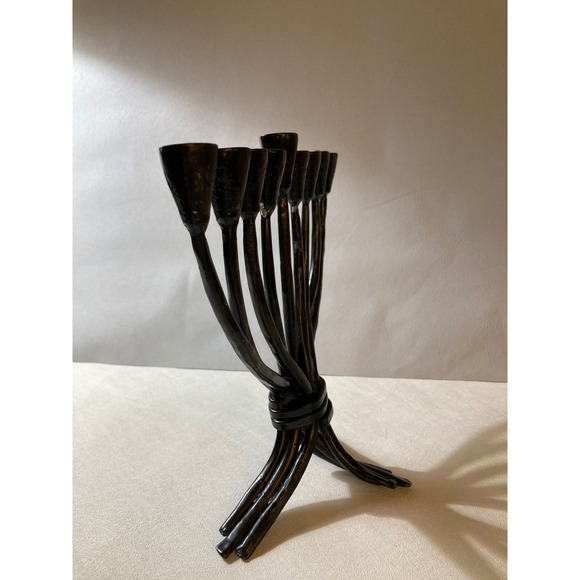 Vintage Wrought Iron Menorah Brutalist Black Forged Hanukkah Chanukiah 8.5\